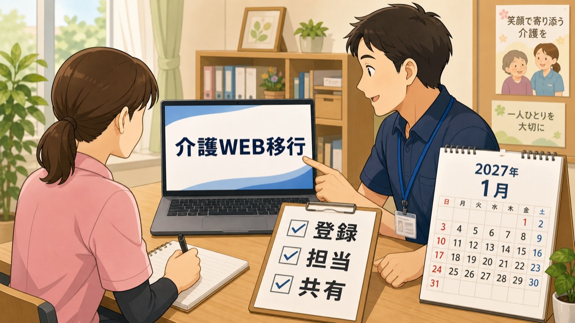 介護WEBサービス移行に向けて登録、担当、共有をチェックする職場のイラスト