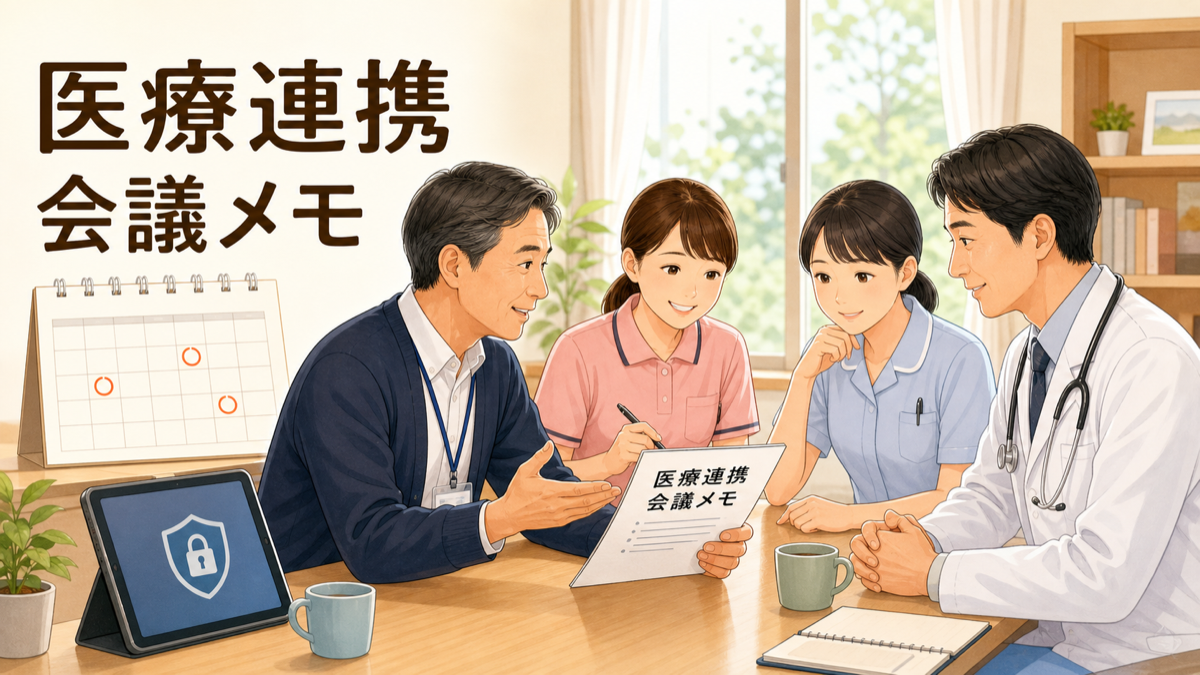 協力医療機関との会議で入所者情報と連絡ルールを確認するイラスト