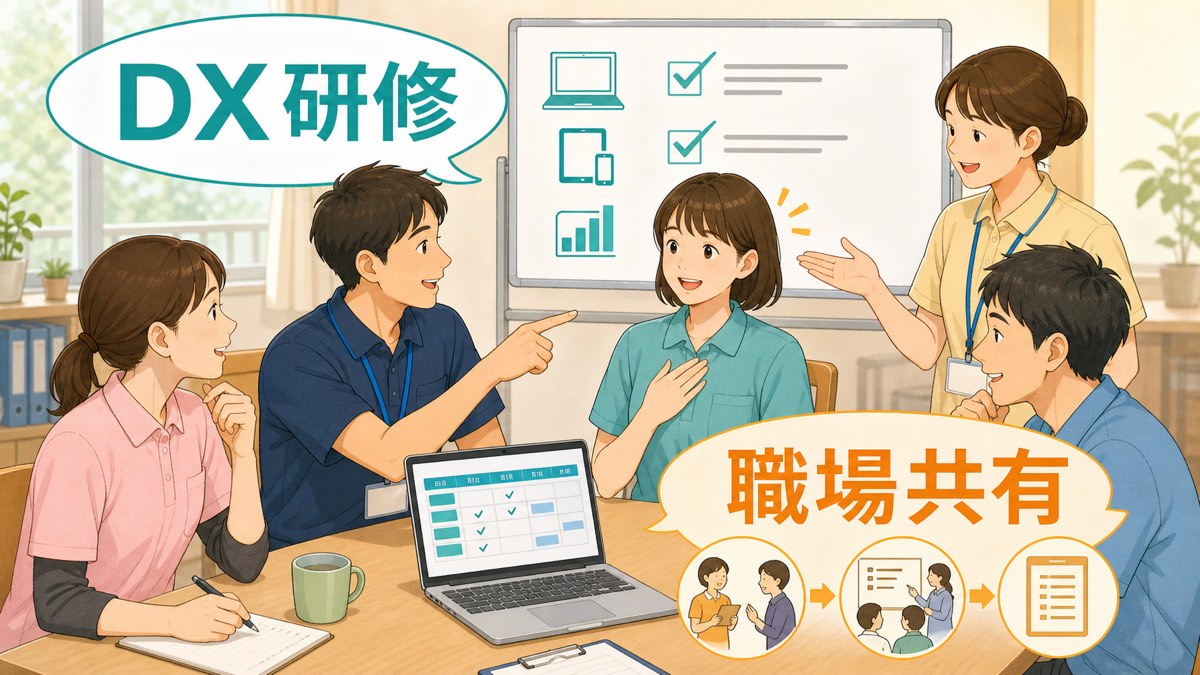DX研修の受講者選びと職場共有を話し合う介護職員チームのイラスト