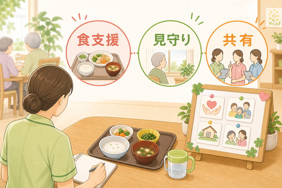 地域の食支援、見守り、情報共有を介護現場でつなぐイラスト