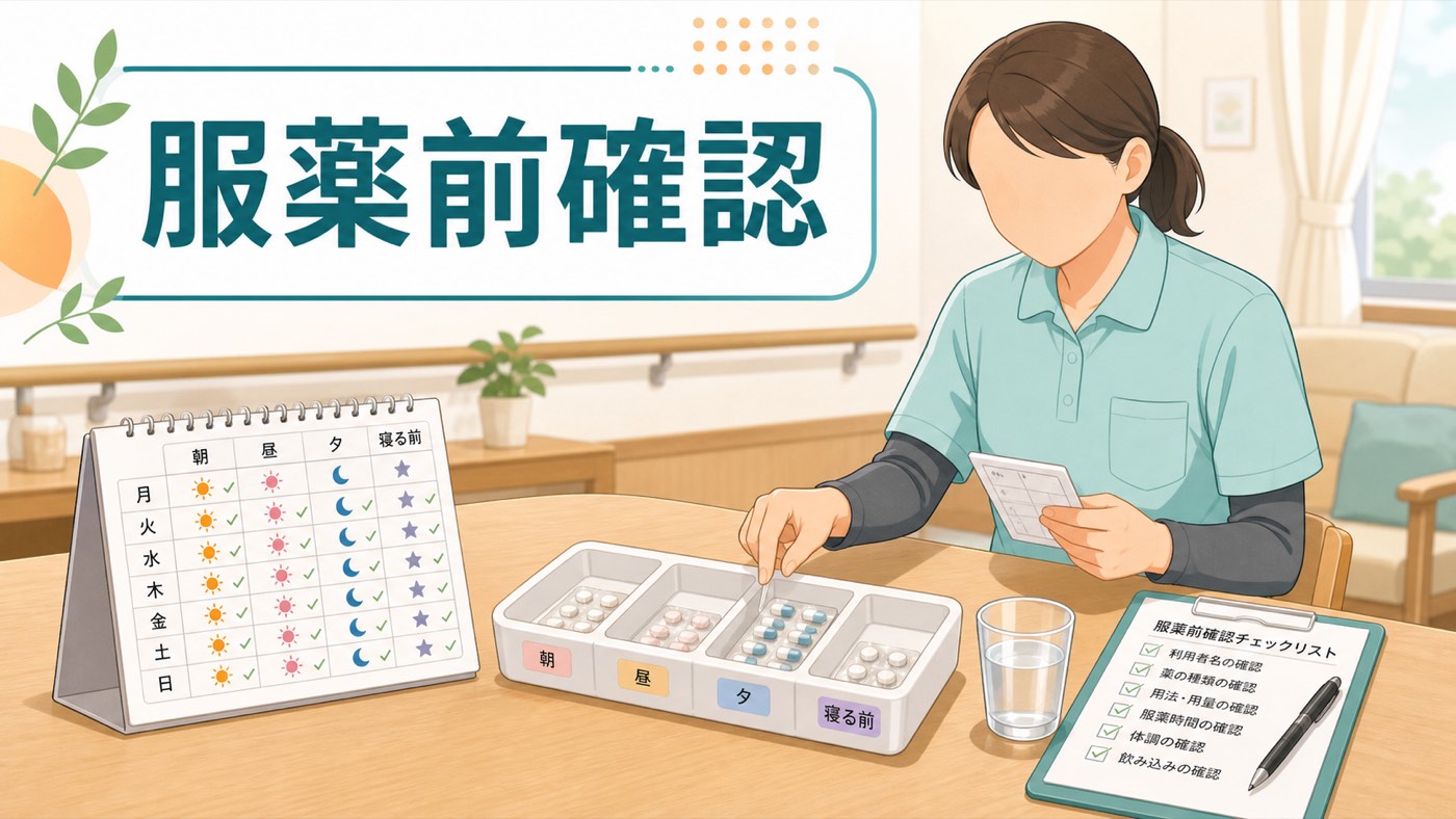 服薬前確認として薬、時間、本人確認を整理する介護職員のイラスト