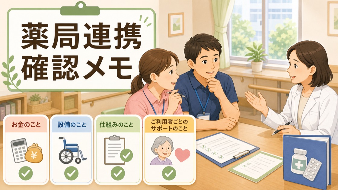 保険薬局との連携内容をお金、設備、仕組み、利用者支援に分けて確認する介護職員のイラスト