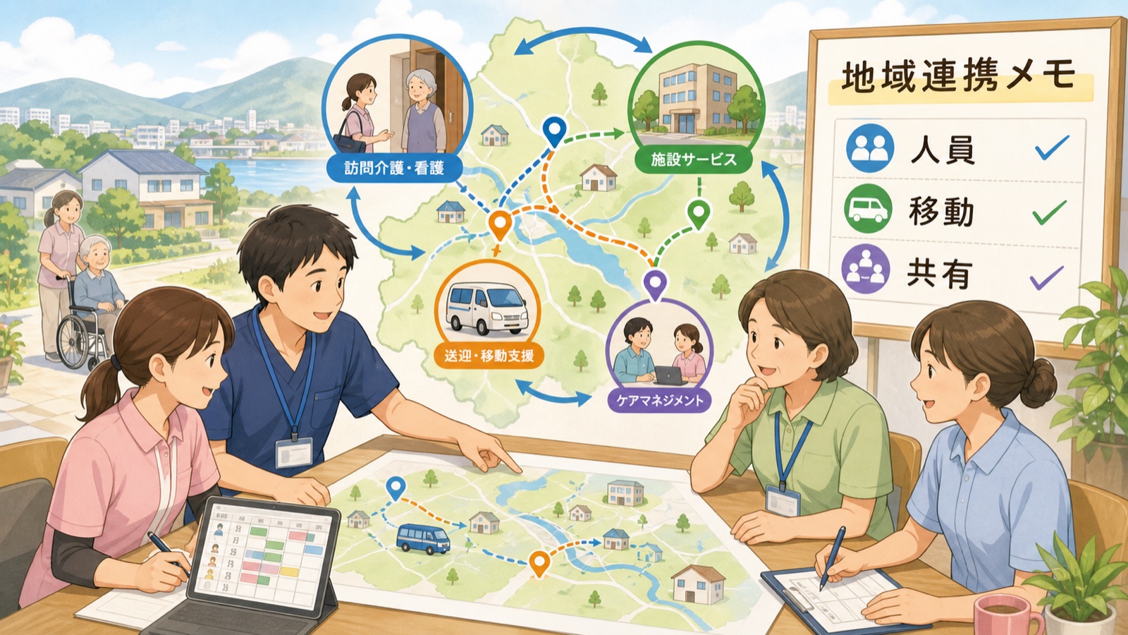 人口減少地域で介護サービスの人員、移動、情報共有を確認しているイラスト