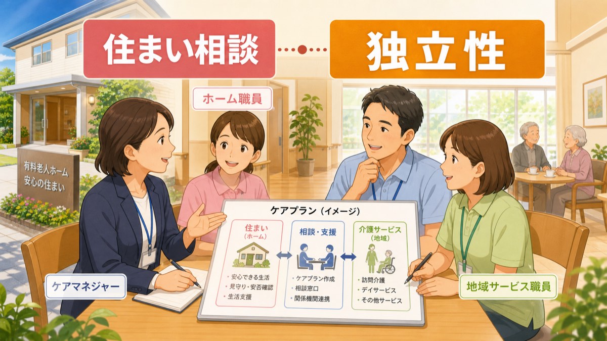 高齢者住まい、相談支援、介護サービスの独立性を図で確認する職員のイラスト