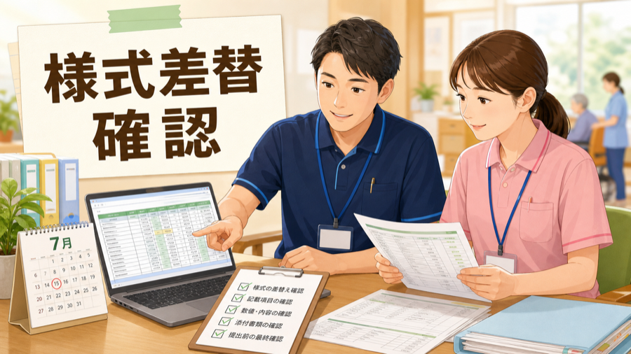 介護職員が処遇改善加算の実績報告書と差替様式を提出前に確認しているイラスト