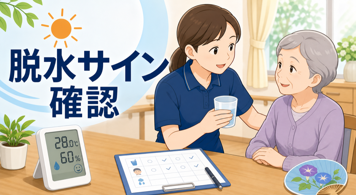 介護職員が夏の室温と水分摂取、脱水サインを確認しているイラスト