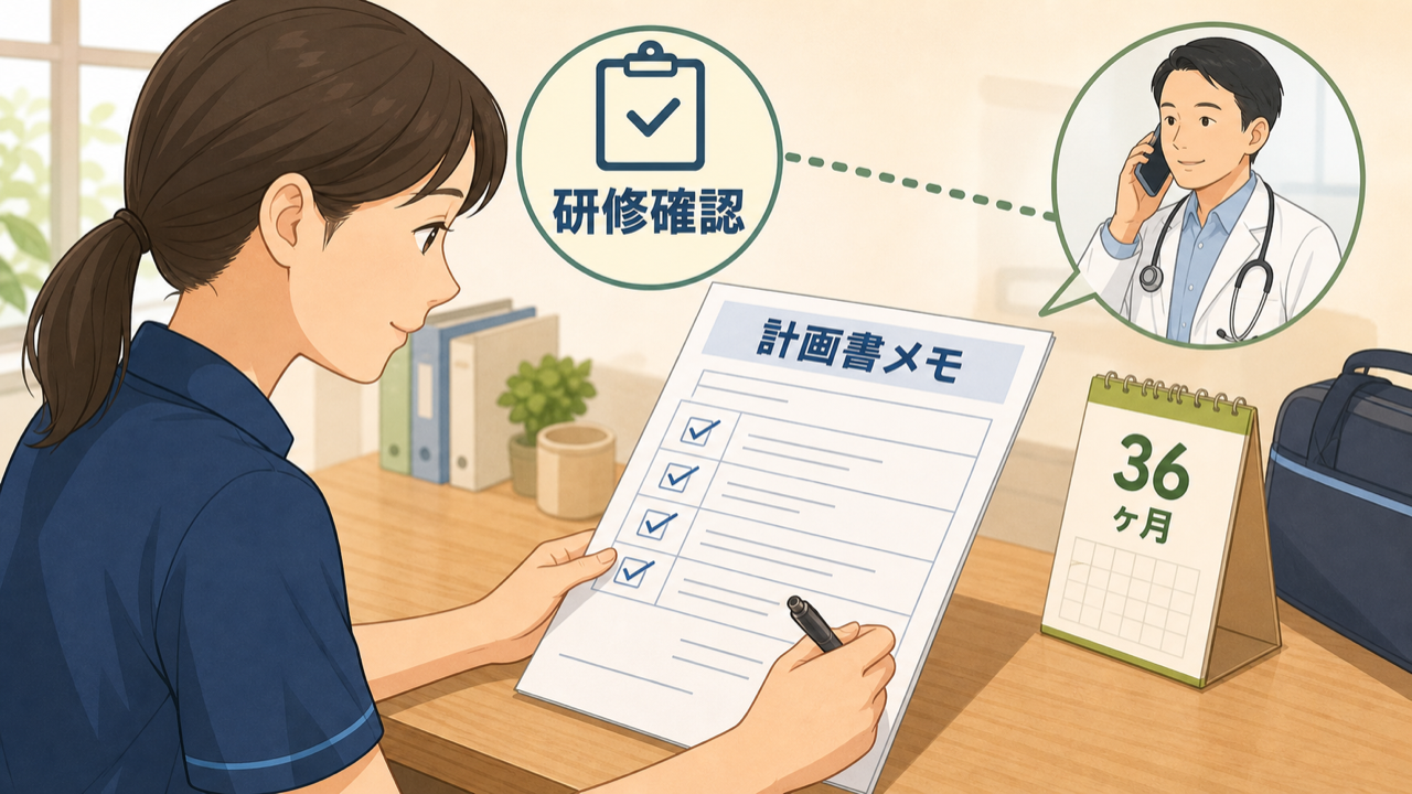 訪問リハビリの計画書で医師の研修確認をメモしているイラスト