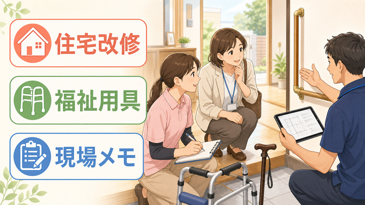 介護職員、ケアマネジャー、福祉用具専門相談員が住宅改修と福祉用具を確認しているイラスト