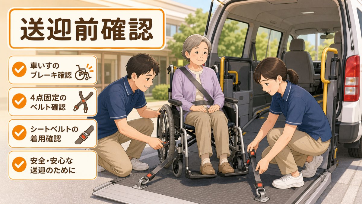 送迎車の前で車いすのブレーキ、4点固定、シートベルトを確認する介護職員のイラスト