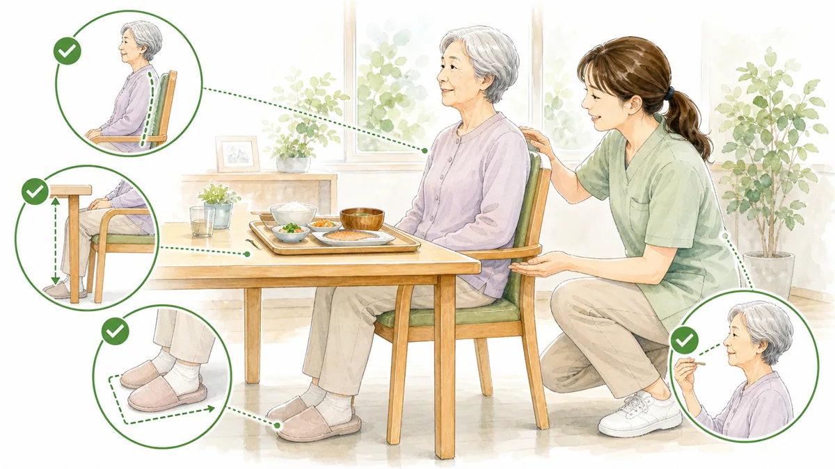 食事前の姿勢確認の手順説明イラスト