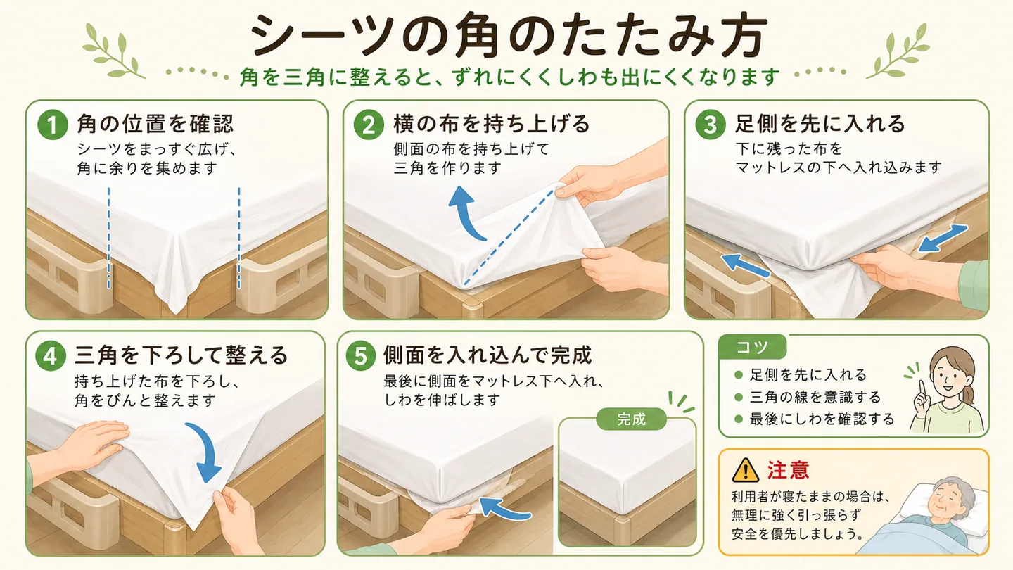 シーツの角を三角にたたんで入れ込む手順イラスト