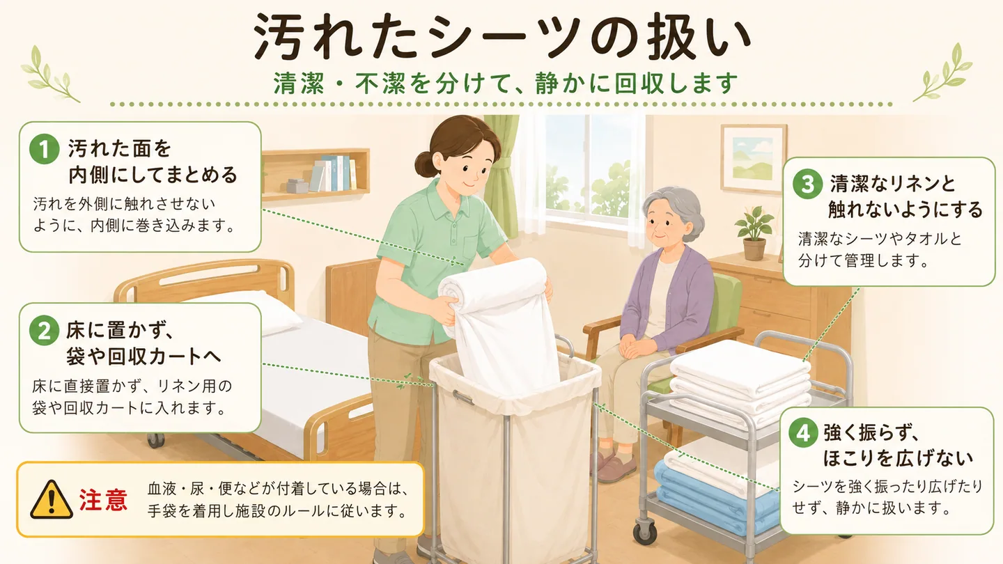 汚れたシーツを内側にまとめてリネン袋へ入れるイラスト