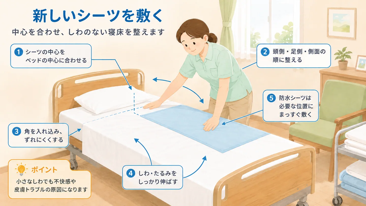 利用者がいないベッドに清潔な下シーツを敷くイラスト
