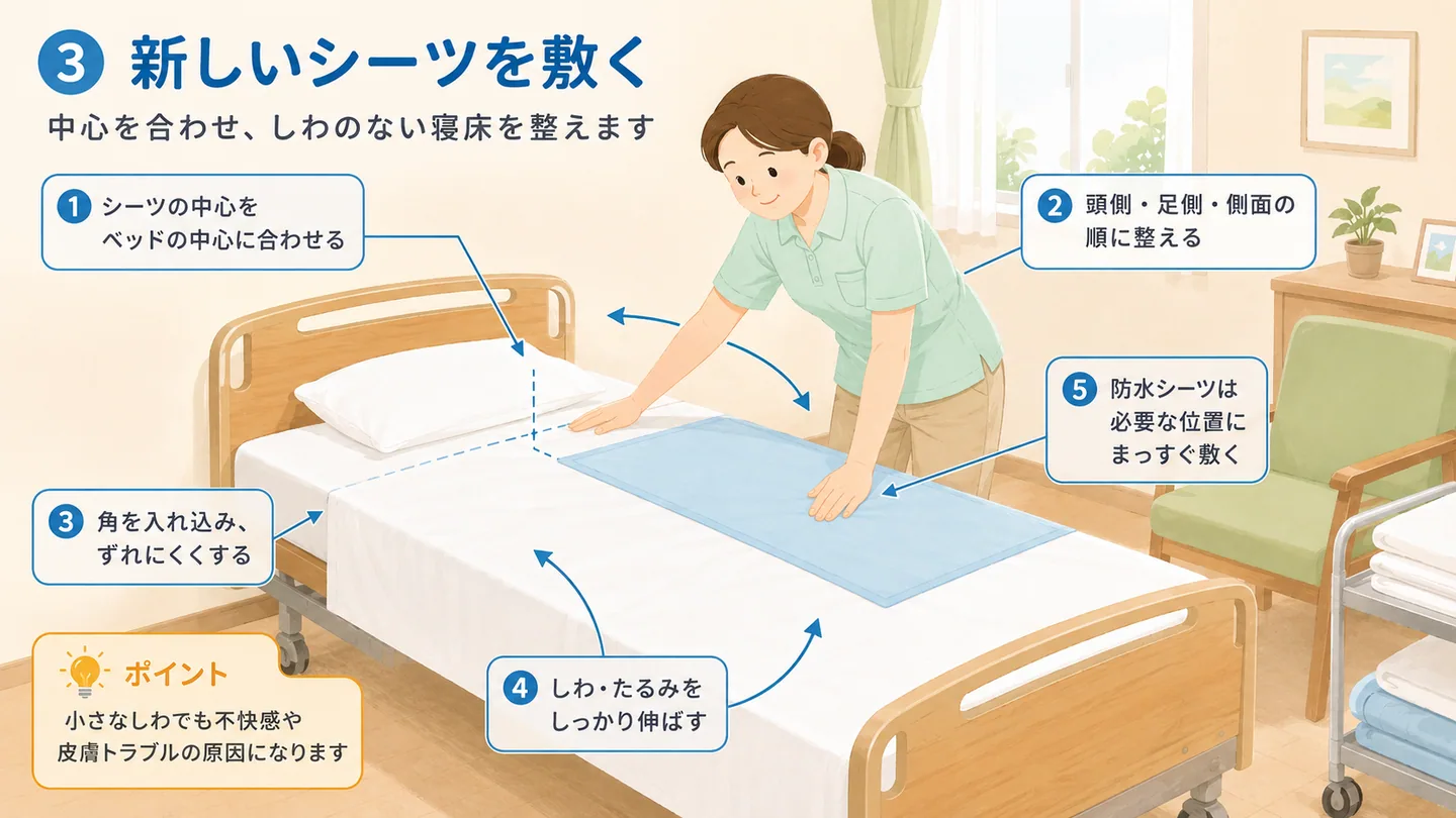 新しいシーツの中心を合わせてしわなく敷くイラスト
