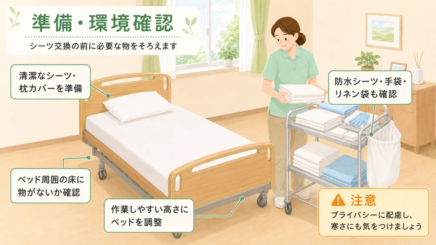 シーツ交換前の物品準備とベッド周囲の安全確認