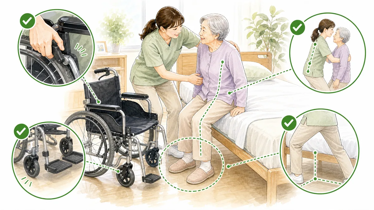 ベッドから車いすの移乗の手順説明イラスト